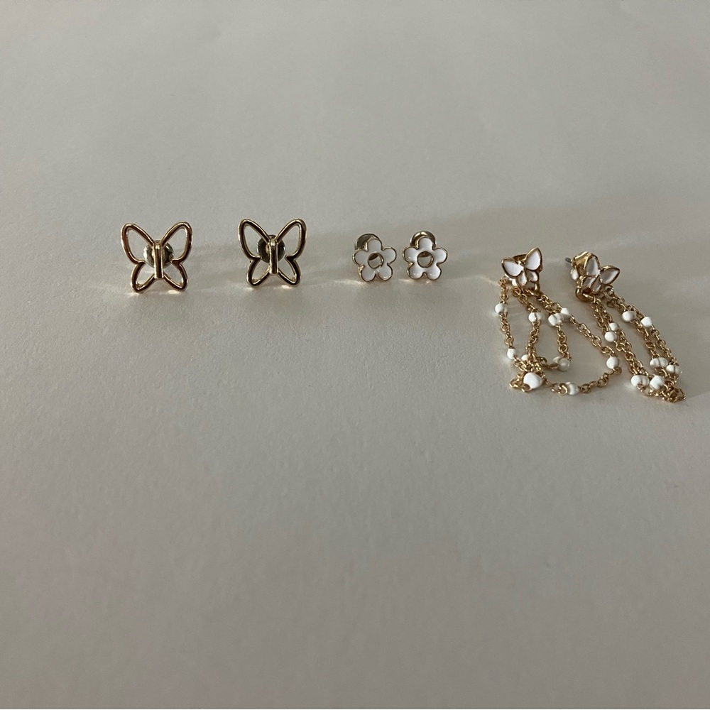 Gold Filled and White Enamel Butterfly and Flower Earrings Set